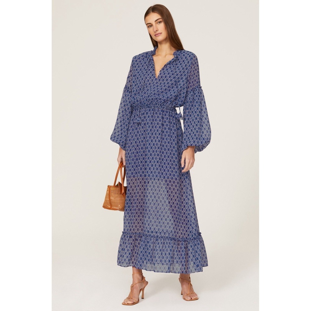 MISA Los Angeles Amata Geometric Print Maxi Dress XS Blue White Smocked Boho